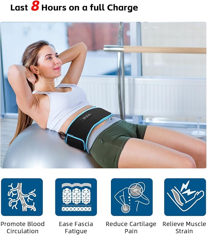 SHINE WELL Cordless Red Light Therapy Massage Belt with 3 Heat Levels and Vibrating, Lower Back Massager FSA HSA Eligible,Battery Powered Back Massager, Fathers Day Gift for Dad