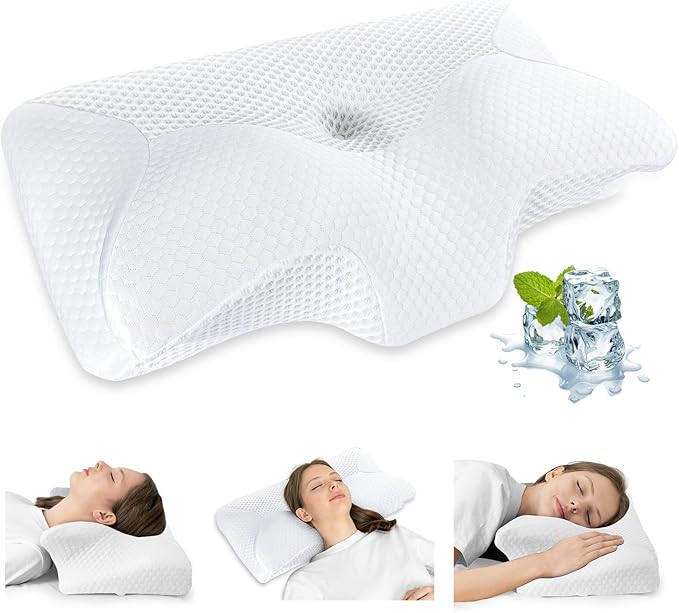 HOMCA Cervical Pillow, Ergonomic Memory Foam Pillow for Neck and Shoulder Pain Relief with Cooling Ice Silk Pillowcase, Orthopedic Neck Bed Pillow for Side, Back and Stomach Sleepers