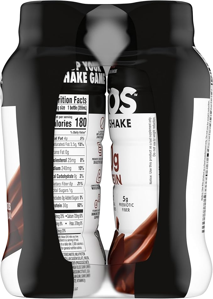 Oikos Protein Shake, Chocolate, 30g High Protein Drinks, Shelf Stable, Ready to Drink, 5g Prebiotic Fiber, 12 fl oz Bottle, 4 Count