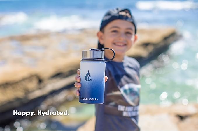 HYDRO CELL Stainless Steel Insulated Water Bottle with Straw - For Cold & Hot Drinks - Metal Vacuum Flask with Screw Cap and Modern Leakproof Sport Thermos for Adults (Navy/White 14oz)