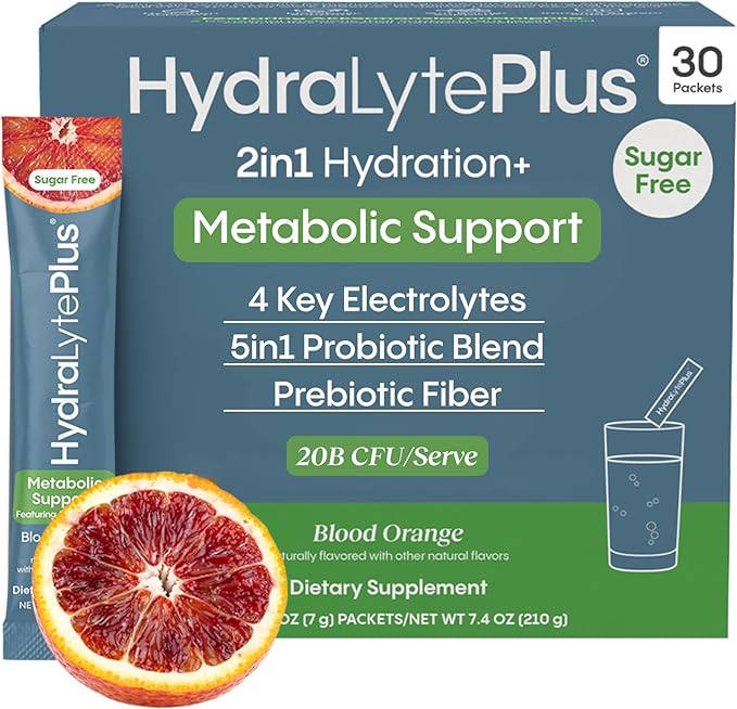 Hydralyte Metabolic Support - 5in1 Probiotic Blend - Support GLP-1 Production with Akkermansia Muciniphila + Prebiotic Fiber + Electrolytes - Daily Metabolism & Digestion - Sugar Free (30 Packets)