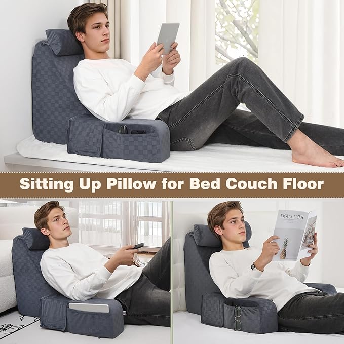 Vekkia Large Reading Pillow with Adjustable Arms & Headrest – Wide Backrest Cushion for Adults with Extra-Large Pockets for Reading, TV, Gaming & Work, Recovery on Bed & Floor, 21"(Grace Grey)