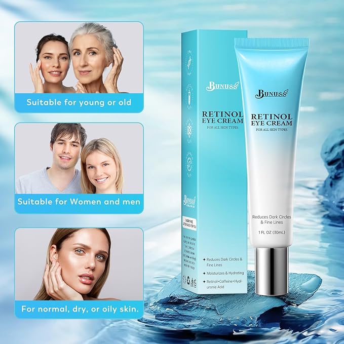 Retinol Eye Cream - Eye Cream for Dark Circles, Puffiness, Anti Aging, with Hyaluronic Acid, Peptides, Caffeine, Reduces Bags, Smooths Wrinkles & Fine Lines, Dark Circles Under Eye Treatment, 1 fl oz