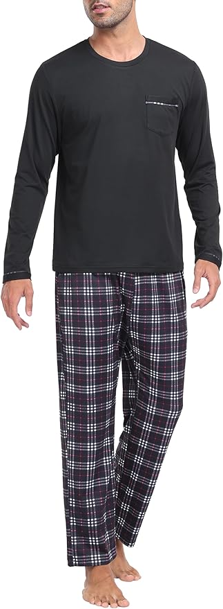 MoFiz Men's Pajamas Plaid Sets Sleepwear Sleep Long Sleeve Shirts and Pants Pajama Set Soft Mens Pjs Lounge Set with Pockets