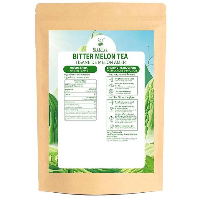 WT WEETEE Bitter Melon Tea Bags, Zero Sugar Tea, 100 Count Made with 100% Pure Natural Bitter Melon, Caffeine-free Momordica Charantia Tea
