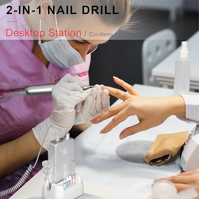 Professional Nail Drill Machine, 2-in-1 AZ GOGO 35000RPM Rechargeable Portable Cordless Nail Drills for Acrylic Gel Nails Manicure Pedicure Salon/Home Use - Coreless Motor (Silver)