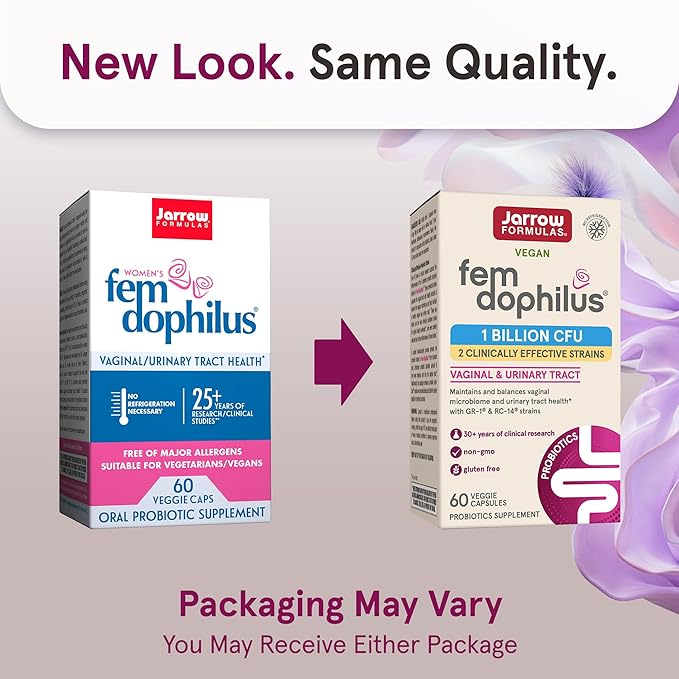Jarrow Formulas Fem-Dophilus Probiotics 1 Billion CFU with 2 Science-Backed Strains, Dietary Suppl for Vaginal and Urinary Tract Supp,60 Veggie Caps,Up to a 60 Day Supply, Shelf-Stable,12 Packs