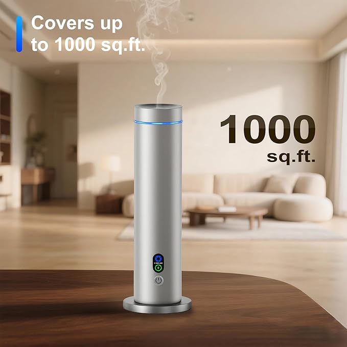 Waterless Diffuser, 1000 Sq.Ft Coverage, Essential Oil Diffuser with Tilt-Safe, Remote Control, Adjustable Mist Mode, Mood Lights Aromatherapy Diffuser for Home, Large Room, Office, Hotel, Silver