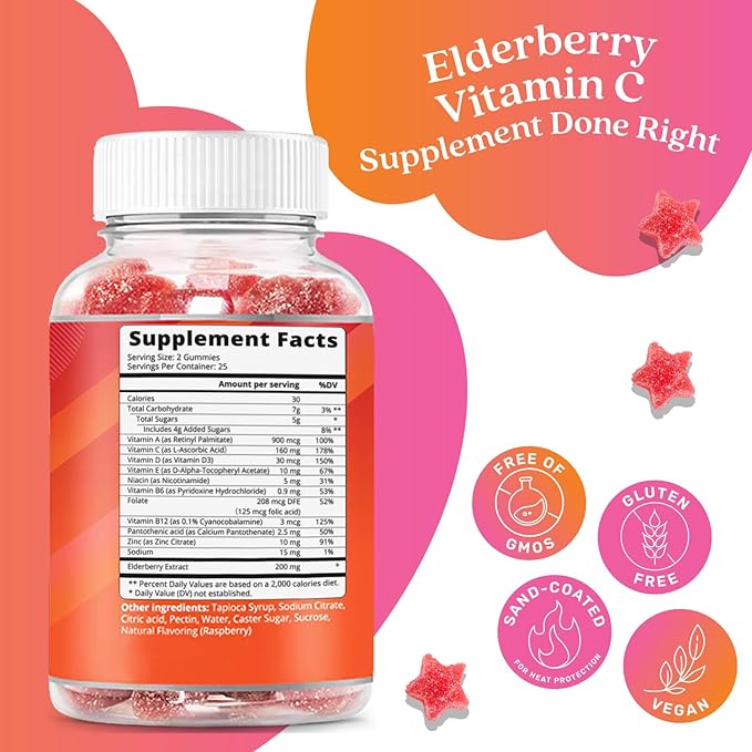 BeLive Elderberry Gummies with Vitamin C - Double Strength Elderberries Extract - Zinc, Multivitamins, B-Complex - for Immune Support Vitamins, Raspberry Flavor (250 Ct - 5 Packs)
