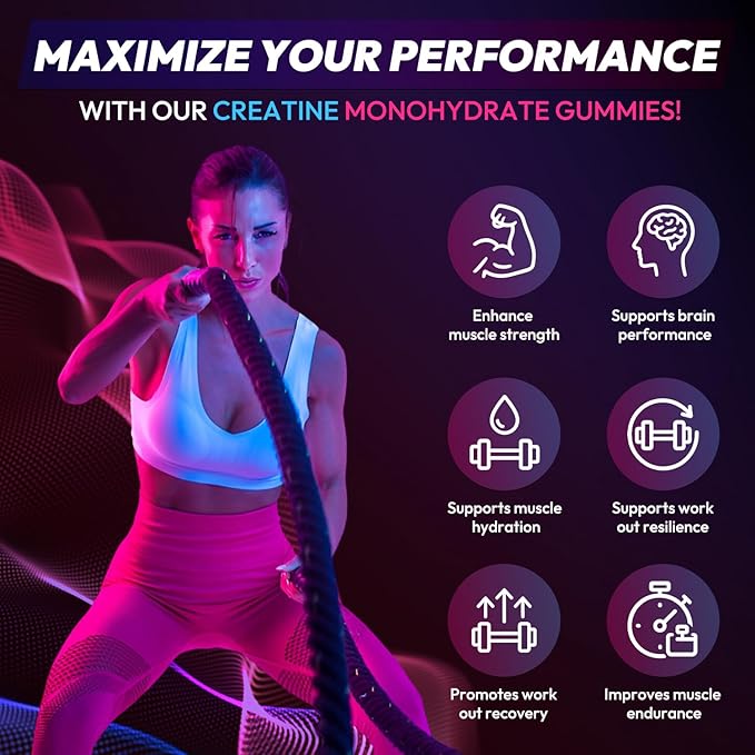Creatine Gummies Monohydrate Complex 9000MG, Pre-Workout for Men & Women, Creatine Gummy with L-Taurine, BCAA 2:1, B12/6 for Muscle Support, Enhance Strength, Energy Boost-120 Count