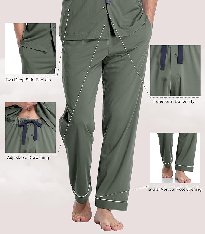 COLORFULLEAF Men's 100% Cotton Pajamas Set Button Down Sleepwear Short Sleeve and Long Pants Pjs