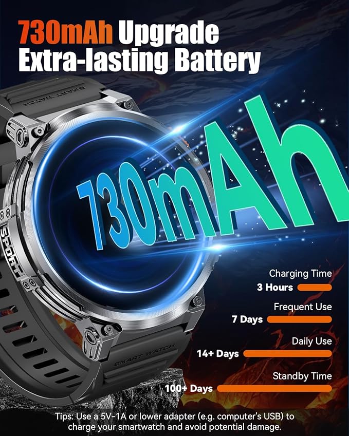 1.85" Big Screen Military Smart Watch for Men with Flashlight, 730mAh Large Battery, IP68 Waterproof, Bluetooth Calling, 114 Sports Modes, Heart Rate/Sleep Monitor for iOS Android