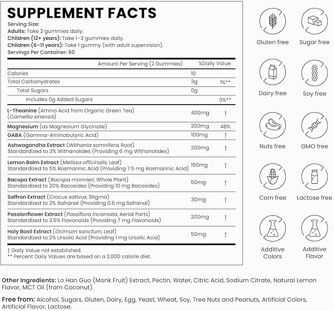 L-Theanine 400mg Gummies, L Theanine Supplement for Kids & Adults with Magnesium Glycinate, GABA, Ashwagandha, L'theanine Chewable for Restful Sleep, Stress Support, Relaxation, Calm, 60 Day Supply