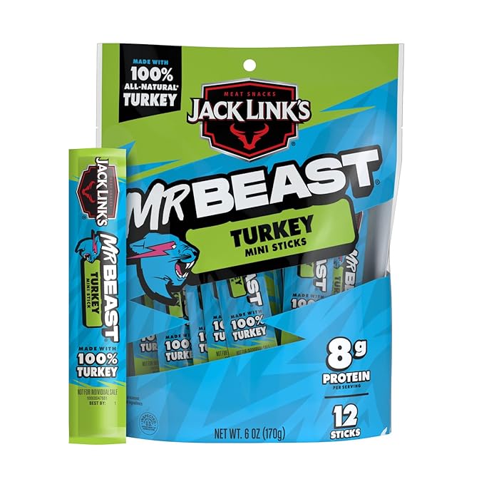 Jack Link’s x MrBeast Turkey Mini Sticks – 8g Protein per Serving, Individually Wrapped Meat Sticks, Made with 100% All Natural Turkey, Zero Sugar, Pantry-Ready, Kids Snacks, 0.5oz (12 Count)