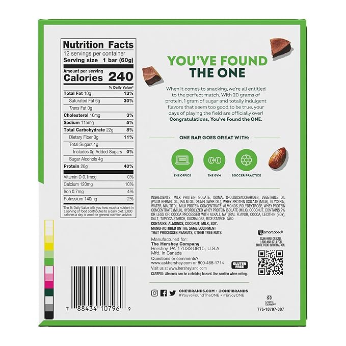 ONE Protein Bars, Chocolate Almond Bliss, Gluten Free with 20g Protein and 1g Sugar, Pantry Staples, 2.12 oz (12 Pack), Packaging May Vary