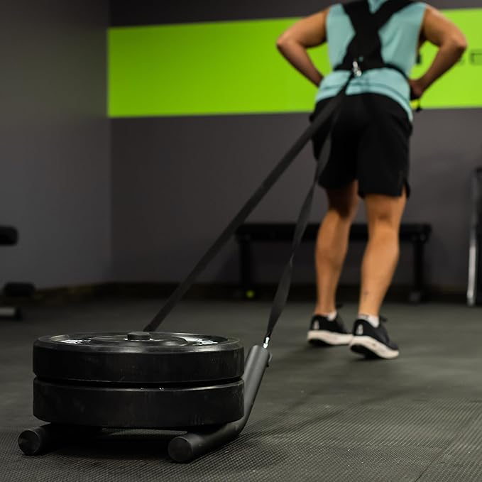 R2 Weight Training Pull Sled with Harness. 90 LBS Capacity & 6.5 Feet Strap. Power Speed Sled Ideal for Endurance and Weight Training. Compatible with Bumper Plates (Black)