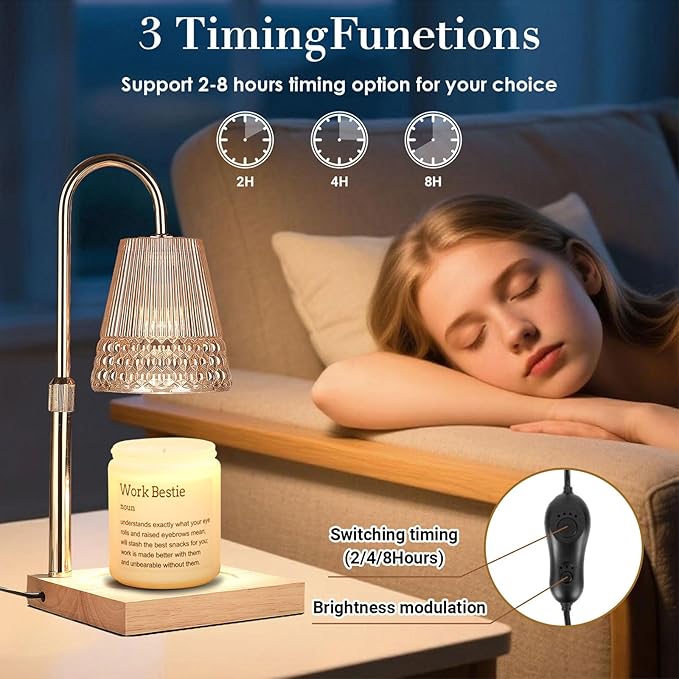 Candle Warmer Lamp Adjustable Height & Dimmable, Electric Candle Warmers for Jar Candles, Home Decor Lamp with Timer, Perfect Gifts for Women Men, Safe Night Light for Bedroom Office (Amber-wood B)