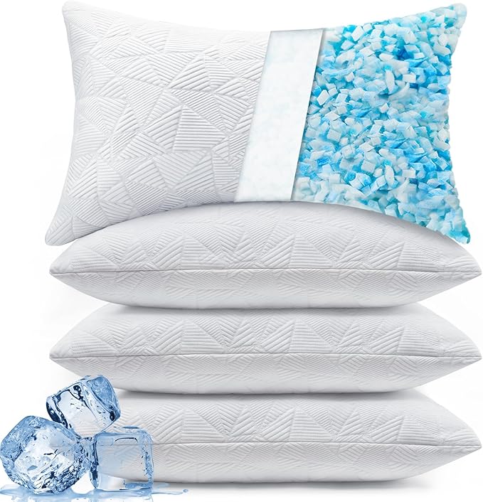 BETU Cooling Pillows Standard Size Set of 4, Shredded Memory Foam Bed Pillows,Adjustable Firm Support Cool Pillow for Neck Pain and Side Sleeping,White