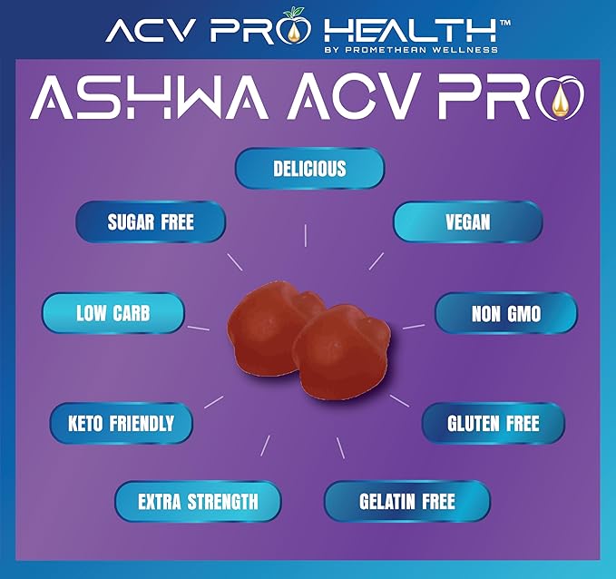 Ashwa ACV Pro Health - Sugar Free Apple Cider Vinegar Gummies with Ashwagandha, Advanced Keto, Stress Relief Supplements with Vitamin D, 1g Carbs Per Gummy Golo
