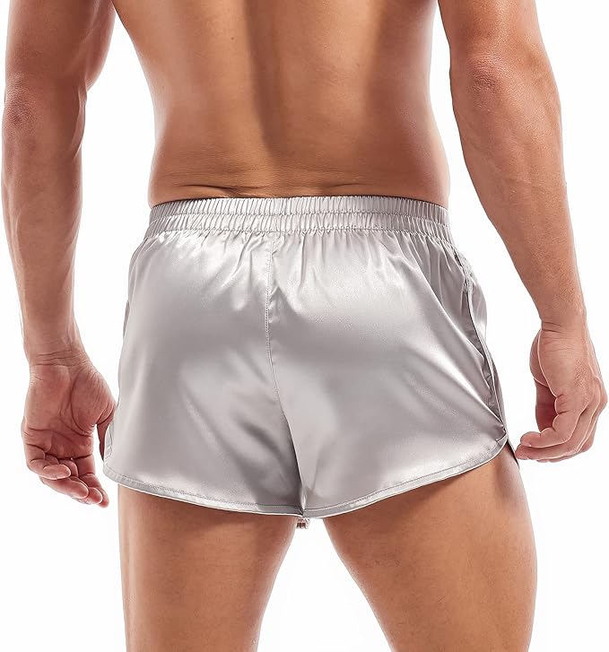AMY COULEE Mens Satin Shorts Silk Boxers Sexy Split Side Lounge Shorts 3 Inch Pajama bottoms