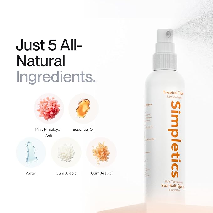 Simpletics Himalayan Sea Salt Spray for Straight & Wavy Hair - All Natural, 5 Ingredient, Texturizing & Volumizing Product - Vanilla Scented - Adds Volume, Texture, Beach Look to Men & Women, 3 Pack