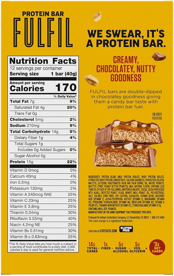 FULFIL Chocolate Peanut Butter Flavored Protein Bar Made with REESE's Peanut Butter, Gluten Free with 15g Protein, Pantry Staples, 12 Count