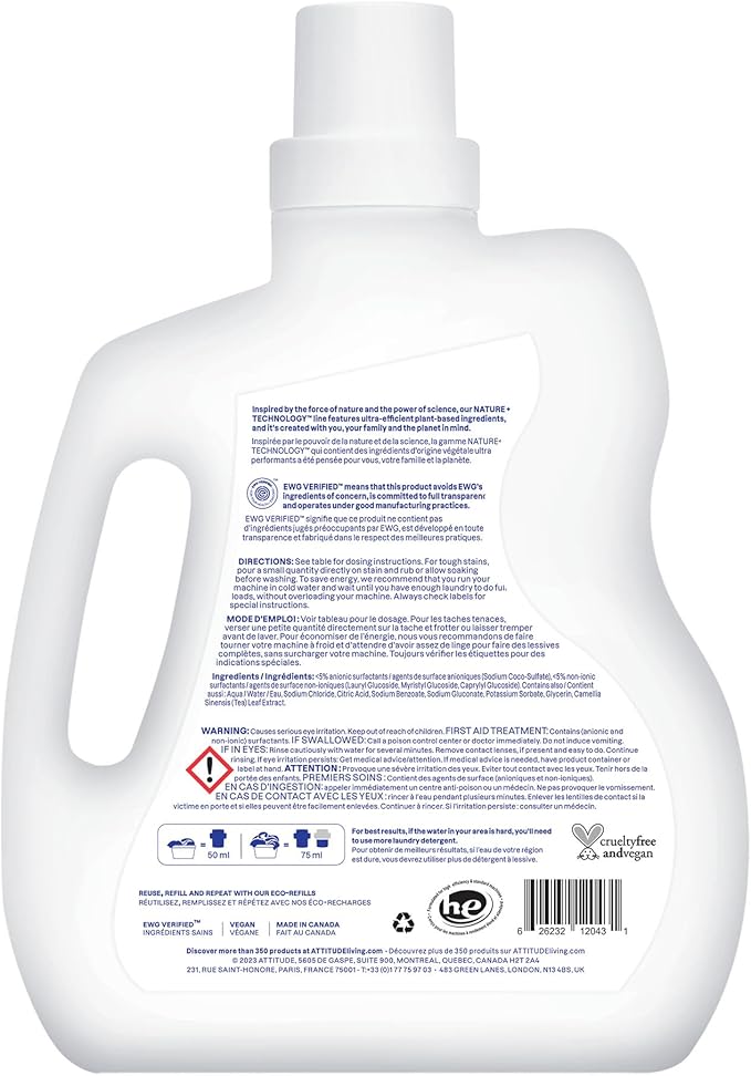 ATTITUDE Liquid Laundry Detergent, EWG Verified, HE Compatible, Plant-Based & Vegan, Natural Laundry Soap, Unscented, 40 Loads, 67.6 Fl Oz