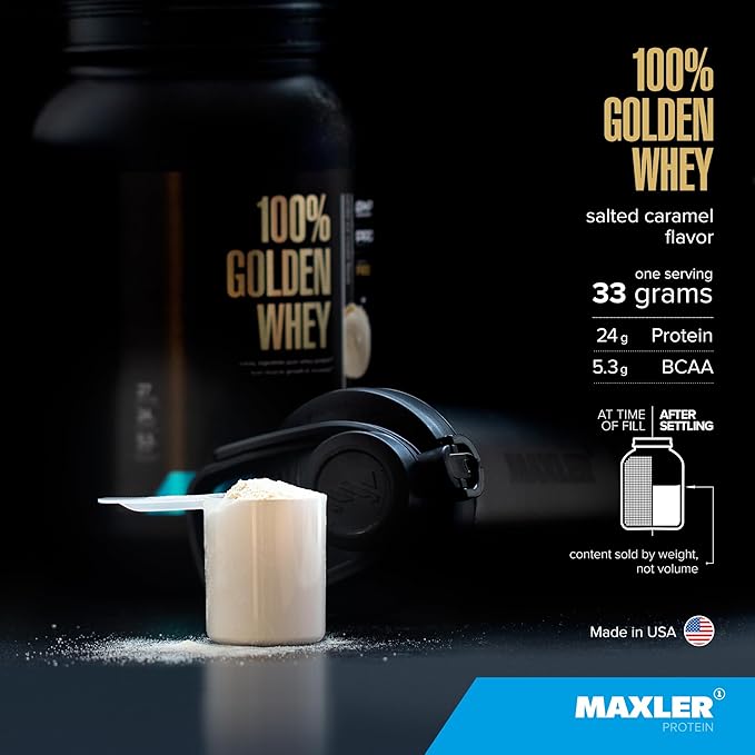 Maxler 100% Golden Whey Protein - 24g of Protein per Serving - Premium Whey Protein Powder for Pre Post Workout - Fast-Absorbing Whey Concentrate, Isolate & Hydrolysate Blend - Salted Caramel 2 lb