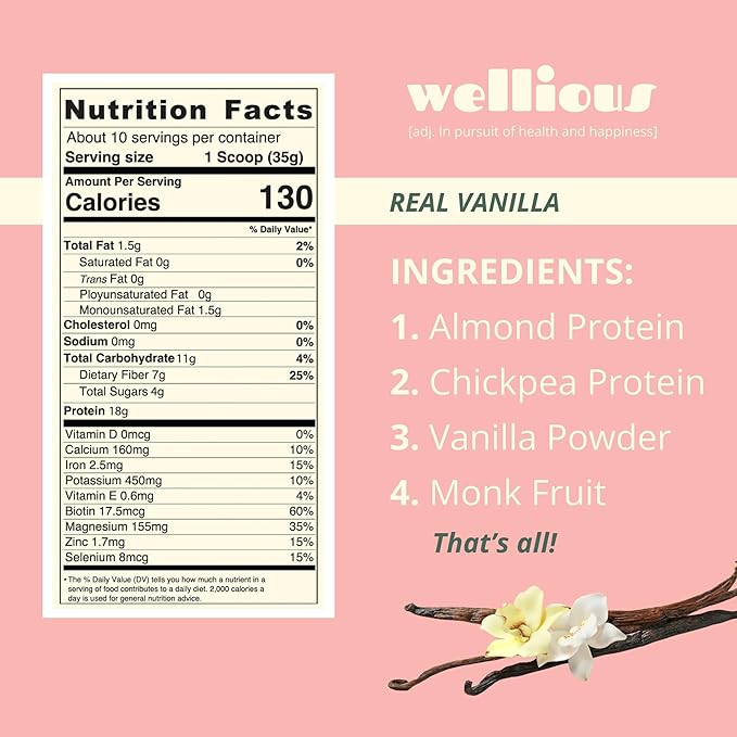 wellious Clean Vegan Protein Powder Vanilla - Plant Based Protein, Dairy Free, for Gut Health, No Sodium, High Fiber, Keto Friendly, Non Dairy, Lactose Free Protein Powder