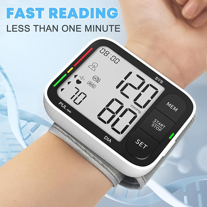 Blood Pressure Cuff Wrist, Universal Bp Cuff(5.3-8.4in) Large LCD Display 2 Users Total 240 Memories, 2 AAA Batteries & Carrying Case Included