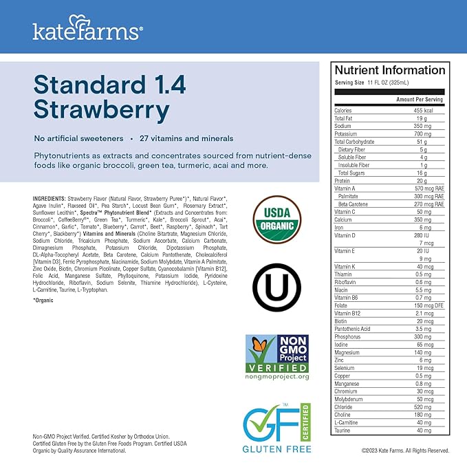 KATE FARMS Organic 1.4 High Calorie Nutrition Shake, Strawberry, 20g Protein, 27 Vitamins and Minerals, Meal Replacement, 11 oz (12 Pack)