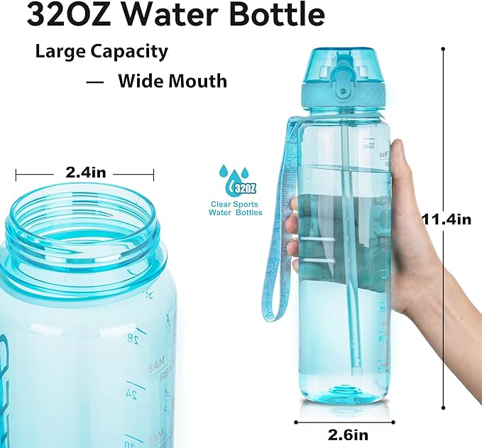 GOPPUS Clear Water Bottle With Straw 32oz Clear Sports Water Bottles Motivational with Time Marker Tritan BPA Free Plastic Clea Water Bottle Wide Mouth for Gym Travel Home School Office