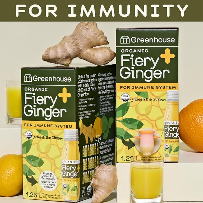 Greenhouse Juice Organic Fiery Ginger Wellness Shot Box Multipack 1.26L Ginger, Turmeric, Lemon, Black Pepper & Oregano | Immunity Wellness + Antiflammatory (Bag-in-Box Dispenser 2 Pack, Fiery Ginger)