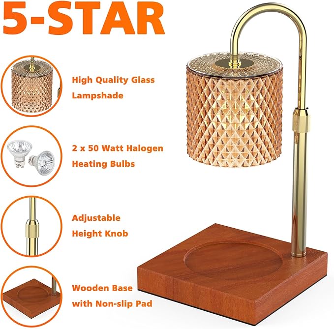 RAINBEAN Candle Warmer Lamp, Adjustable Height Electric Candle Warmer Light with Timer and Dimmer Vintage Wax Melter for Jar Candles Home Decor Gifts (Amber Glass and Walnut Wood)