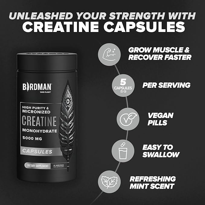 BIRDMAN Micronized Creatine Monohydrate Capsules for Muscle Growth & Recovery, Pre & Post Workout, Vegan Creatine, Caffeine Free, Gluten Free, Sugar Free | 25 Servings | 125 Capsules