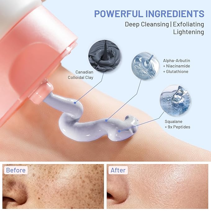 Large Pearl Radiance Clay Mask for Face - Mud Mask Enrich with 9x Peptides & Niacinamide for Glowing - Firming - Pore-Purifying - Glass Skin Care Gifts for Women Men with Brush, Blue, 5.3 oz