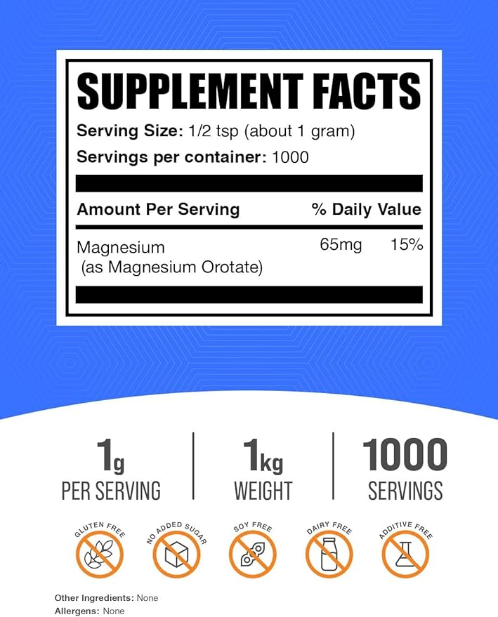BulkSupplements.com Magnesium Orotate Powder - High Absorption Magnesium Supplement - Unflavored & Gluten Free, 1g per Serving, 1kg (2.2 lbs) (Pack of 1)