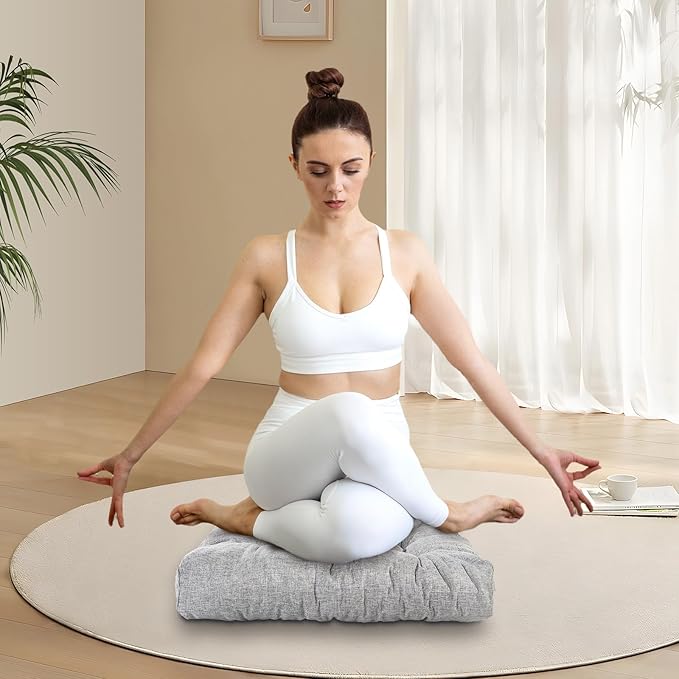 Meditation Floor Cushions Set of 2, Thickened Floor Pillow for Adults, Large Square Pillows Seat Cushion for Tatami Living Room Yoga, Memory Sponge Block Added, 22x22 Inch, Grey