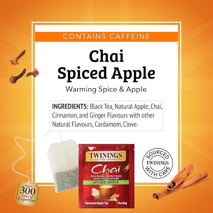 Twinings Spiced Apple Chai Black Tea Individually Wrapped Bags, 20 Count (Pack of 6), Sweet, Savoury Spices, Caffeinated, Enjoy Hot or Iced, 120 Teabags
