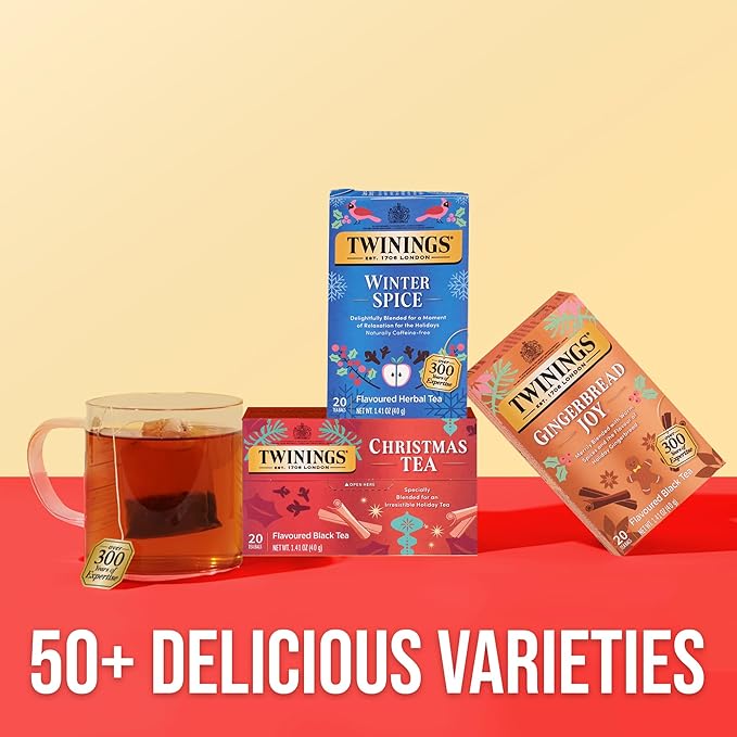 Twinings Christmas Black Tea Individually Wrapped Bags, 20 Count (Pack of 1), Aromatic Cinnamon & Clove, Caffeinated, Enjoy Hot or Iced, 20 Teabags
