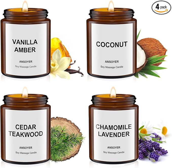 4PCS Massage Candles for Massage Therapy -Soy +Hemp Seed Oil, Body Oil Lotion Candle- Gift Set-18.08OZ (Vanilla Amber, Coconut, Cedar Teakwood, Chamomile Lavender)