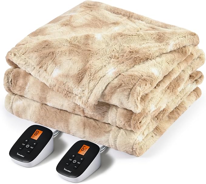 Sunable Heated Electric Blanket - Machine Washable Blanket with Time Settings 10 Heat Settings King Size 100×90 inches Beige - Faux Fur