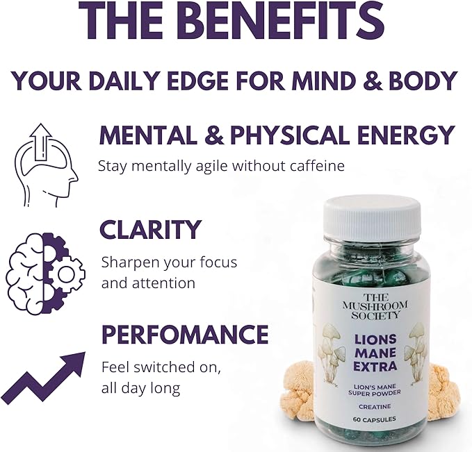 Lion’s Mane Extra Supplement - 1000 mg Lion’s Mane + 1000 mg Creatine – Mental & Physical Energy, Clarity & Performance - 120 Vegan Capsules