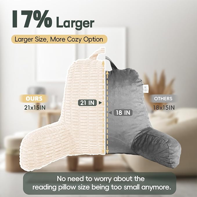 21" Higher Large Reading Pillow for Bed Adult, Back Pillow for Bed Sitting Up with Memory Foam Back Support with Arms Rest for Couch Chair Beige
