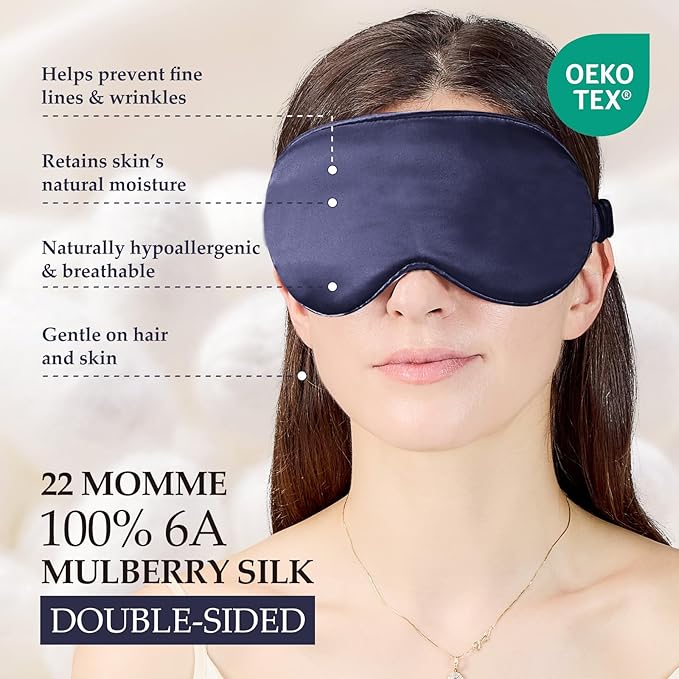 100% Pure Mulberry Silk Sleep Mask, 3D Contoured Cup Eye Mask for Sleeping, 22 Momme Super Soft Breathable Blindfold, Adjustable Blackout Travel Silk Eye Cover Blue