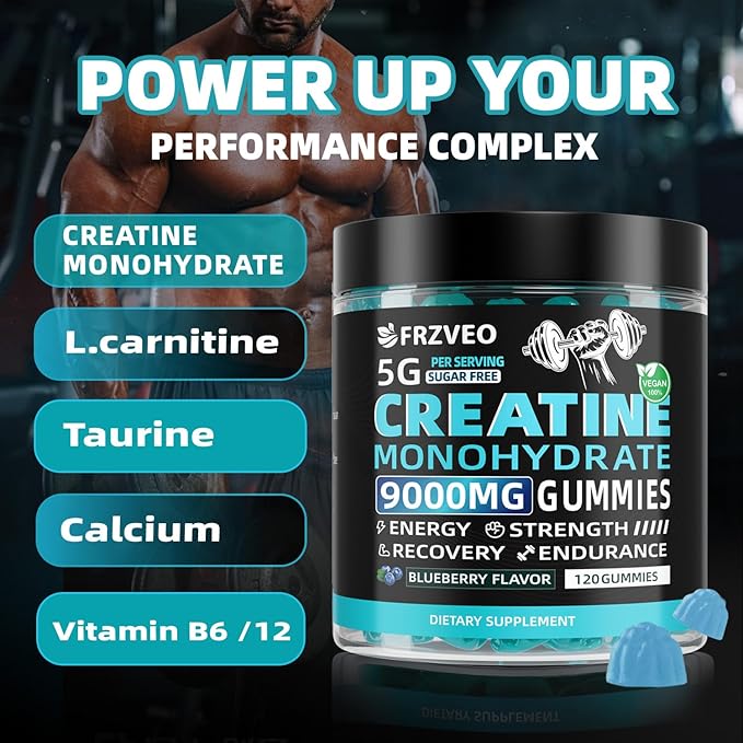Creatine Monohydrate Gummies 9000mg for Men & Women, Potent Chewables Creatine 5g Per Serving, Creatine Supplement for Strength, Energy & Focus, Sugar Free, Vegan Non-GMO, Blueberry -120 Count