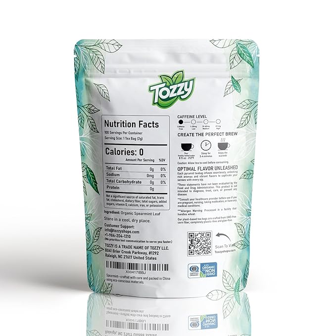 Tozzy Organic Spearmint Tea – 100 Count, Plant-Based Pyramid Tea Bags