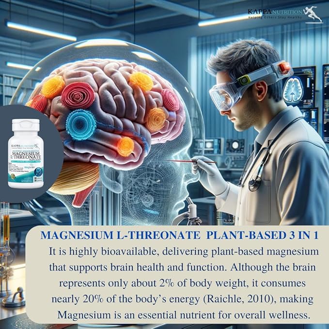 Kappa Nutrition Powered by Magbrain™ Magnesium L-Threonate Plant-Based, 420mg Elemental Magnesium (3 Capsules) from 2,253mg, 60 Vegan Capsules, Brain, Sleep & Muscle Support.