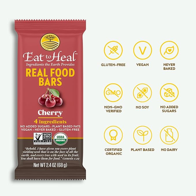 EatToHeal Cherry Real Food Bar - Organic Vegan Healthy Gluten Free Protein Bars - Low Sugar Meal Replacement Bar, Non GMO, Never Baked, Plant Based - Crafted to Enjoy, Not Sit on Shelves