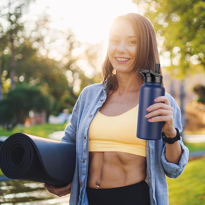 DOMICARE 32 oz Insulated Water Bottle, Vacuum Insulated Stainless Steel Sports Water Bottle with Straw Lid & Spout Lid, Leakproof, Reusable - Travel, Camping, Bike, Navy Blue